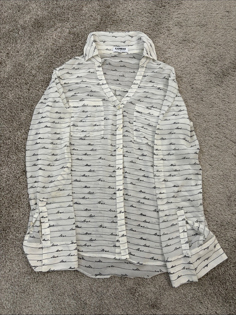 Express Portofino blouse. White Button-Front “Love” Stripe Blouse